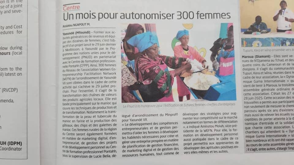 Publication de la formation et appuis en équipements des 300 femmes du réseau de la WEFN en développement des chaines de valeurs agricoles au journal public de Cameroon tribune du 15 juillet 2025